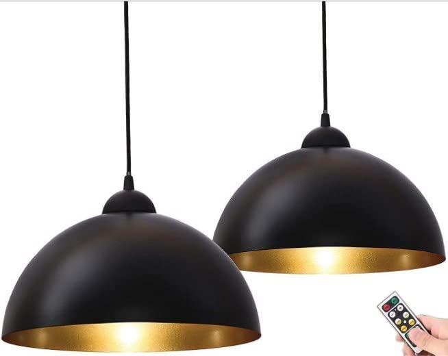 AAOTE Battery Operated Pendant Lights Set of Two w/ Remote,Non Hardwired Indoor Hanging Ceiling Lamp Vintage 12'' Dome Matte Black Chandelier Pendant Light FixturesKitchen Island Bedroom Dining Table