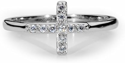 9x11mm Cross Rhodium Plated Sterling Silver & Clear CZ Ring SZ7