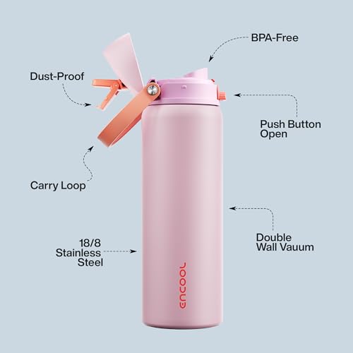 Image of Insulated Water Bottle with Straw - Encool Stainless Steel Water Bottle with Push Button Lid, Leak-Proof & BPA-Free, Keeps Cold for 24 Hours for Sports, Travel, Gym (32 oz, Lily-Red)
