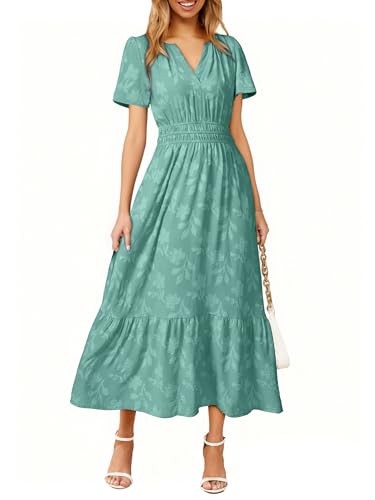 Image of Simplee Womens Summer Boho Maxi Dress Semi Formal Wedding Guest Short Sleeve V Neck Empire Waist Floral Long Dresses