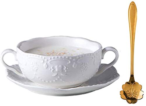 YBK Tech Tasse à petit-déjeuner en porcelaine anglaise avec soucoupe et cuillère Blanc