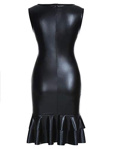 Kufv Women's Pu Leather Sleeveless Ruffles Pleated Bodycon Pencil Party Bandage Dress #TOP4