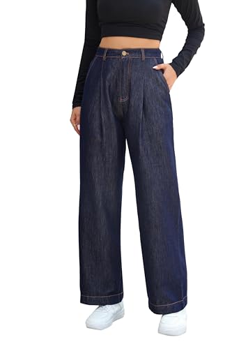 Love Welove Fashion Wide Leg Jeans for Women Dark Blue High Waist Denim Pants with Elastic Back Plus Size 3XL Fall Winter