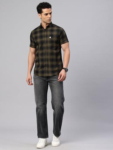 Image of Majestic Man Men Comfort Slim Fit Checked Pure Cotton Half Sleeve Casual Shirt