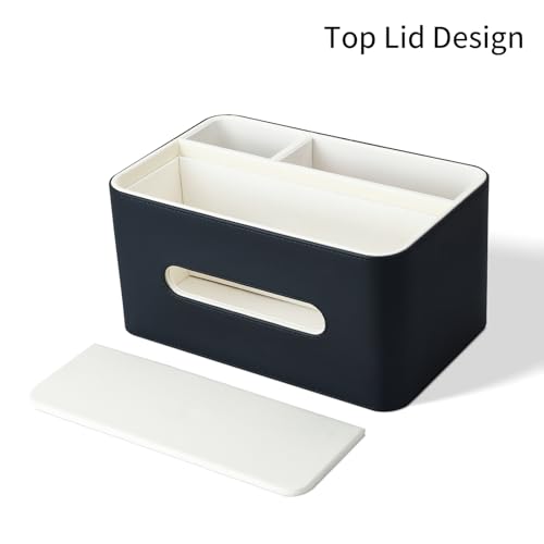 KINGFOM Taschentücher Box mit 2 Fächern, PU Leder Taschentuchbox Kosmetiktücherbox, Multifunktionale Tissue Box Tücherbox mit Ablage, Schreibtisch Organizer für Büro, Zuhause, Badezimmer (Schwarz)