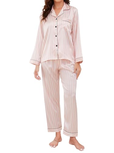 La Mejor Lista de Pijamas de Moda comprados en linea. 48 Tefola Pijama de Mujer de satén de Seda sintética-Mujeres Color sólido de Manga Larga Pijamas de Seda Camisones,Conjunto de Pijamas con Botones (Rayas Rosas y Blancas_X-Grande)