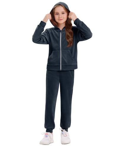 Image of Stelle Girls Velour Tracksuits 2 Piece Sweatsuit Outfit with Pockets Zip Up Hoodie and Jogger Sweatpants Athletic Clothing Sets(Navy,XXL)