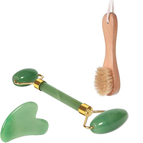 100% Real Jade Roller and Gua Sha Massager for Face, Neck and Body Gift Set with Natural Facial Dry Brush