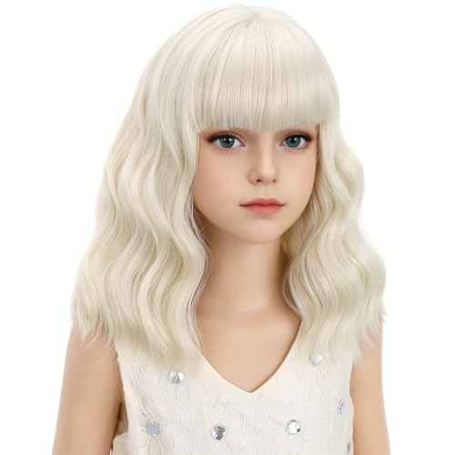 Image of Light Blonde Wig Short Platinum Blonde Wavy Curly Wigs with Air Bangs Synthetic Cosplay Hair Wig