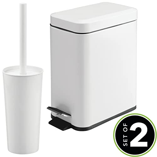 Image of mDesign Metal Freestanding Slim Toilet Bowl Brush and Holder + Rectangle Narrow 5 Liter / 1.3 Gallon Step Pedal Trash Can Wastebasket for Bathroom - Small, Compact Design - Set of 2 - White