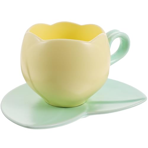 DECORNIJIA Taza de Café de Cerámica con Platillo Diseño Ergonómico para Uso Diario Hogar y Cafeterías Taza de Porcelana Moderna sin Asa Color Rosa y Amarillo