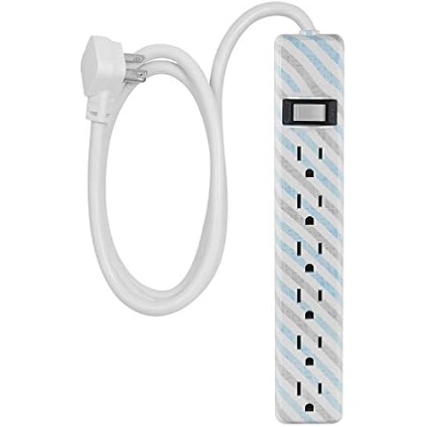 Cordinate 6 Outlet Power Strip, 4 Ft Extension Cord, Power Strip, Flat Plug, Wall Mount, for Bedroom, Dorm, or Home Décor, Integrated Circuit Breaker, UL Listed, White, Gray & Mint Stripes, 31040 Cover