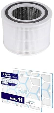 LEVOIT Core 300-P Air Purifier Replacement Filter, 3-In-1 Filter, 1 Pack, White + LEVOIT 16x25x1 AC Furnace Air Filter, MERV 11, 6-Month Pleated 1-Inch Electrostatic Air Cleaning Filter, 2 Pack
