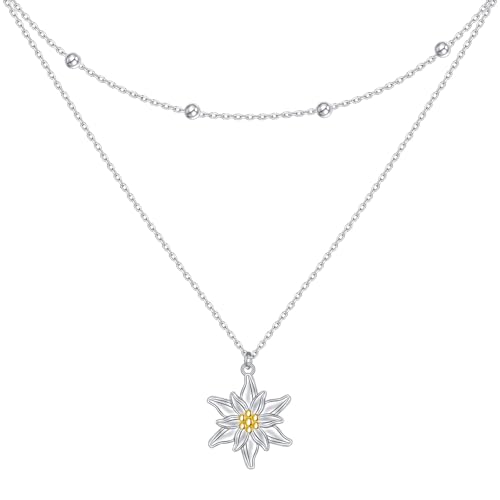 Layered Choker Necklace S925 Sterling Silver Star Full Moon Daisy Flower Pendant Disc Jewelry Adjustable Clavicle Necklaces for Women Girls Birthday Gifts