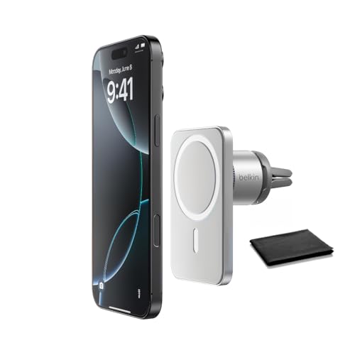 Belkin MagSafe Car Vent Mount Pro Magnetic Phone Holder for iPhone 16/15/14/13/12 Secure Grip Portrait & Landscape View Cable Management Air Vent Clip Magsafe Compatible Silver Includes Cloth
