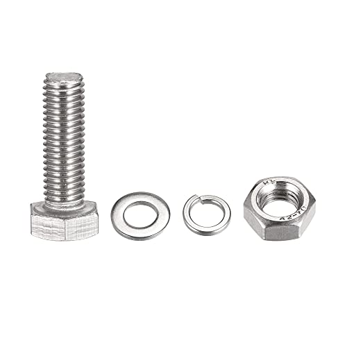 Image of uxcell M10 x 35mm Hex Head Screws Bolts, Nuts, Flat & Lock Washers Kits, 304 Stainless Steel Fully Thread Hexagon Bolts 4 Sets