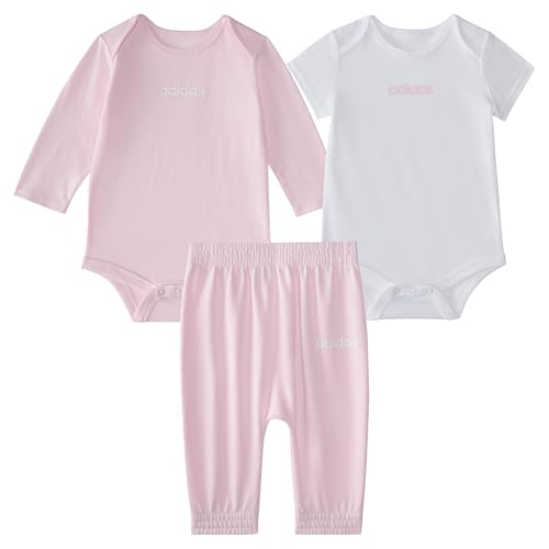 adidas Girls 3-Piece Logo Bodyshirt & Pant Set, Pink with White, 12M