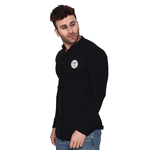 Image of Geum Men's Mandarin Collar Shirt | Slim Fit Full Sleeve Casual Shirt with Printed Chest Logo | Soft Cotton Blend Stylish Button Down for Party, Office