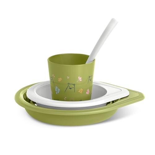 Suavinex, Vajilla para Bebés, Set de Platos de Aprendizaje, +6 Meses, Vajilla Infantil Apta Para Lavavajillas y Microondas. Incluye: Vaso + Plato Llano + Bol + Cuchara. Bears Verde