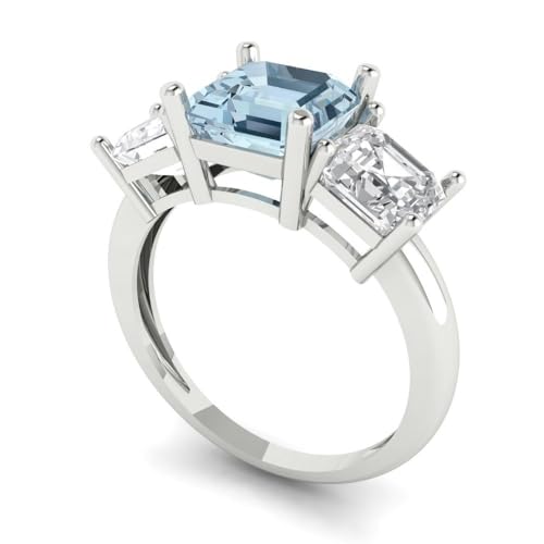 4 ctw Square Emerald Cut Solid Gold Engagement Ring for Women - 14K White Gold - Simulated Blue Diamond Wedding Promise Ring for Her2