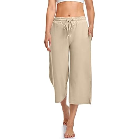 UEU Wide Leg Capri Yoga Pants for Women Casual Loose Fit Lounge Workout Flare Crop Pajama Sweatpants Capris with Pockets, Light Khaki, Medium Cover