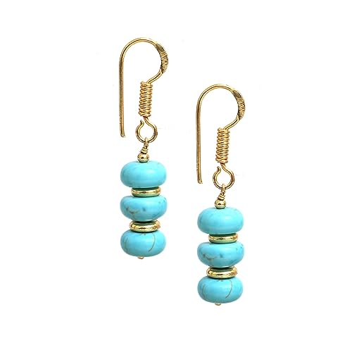 Gempires Boucles d'oreilles en perles rondes turquoise avec crochets plaqués or 14 carats, cadeaux faits à la main pour femme (Teint Turquoise)