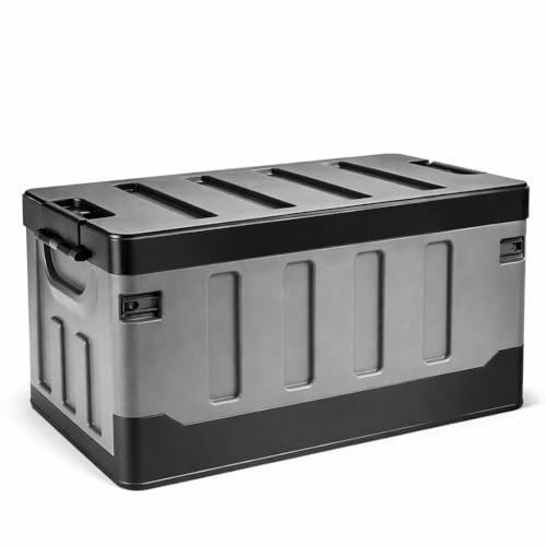 車用収納ボックス 折りたたみ トランク収納 大容量 コンテナボックス 車載収納 蓋付き 耐荷重140kg キャンプ収納 (フラット蓋, 60L)