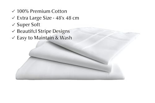 Image of Premium 100% Cotton Handkerchiefs for Men, 48 x 48 cm, Large Size Rumal Napkins, White & Multicolor Stripes
