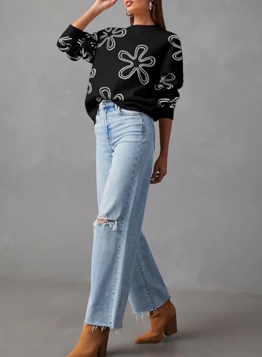 Dokotoo Sweaters for Women Casual Crewneck Long Sleeve Floral Print Cable Knit Pullover Sweater Tops4