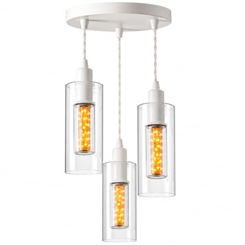 Image of LEDSone 3 Light Modern Pendant Ceiling Light Clear Glass Cylinder Shades, Adjustable 1M Twisted Cable, White Finish, E14 LED Bulbs Included, Kitchen Island & Dining Room Lighting