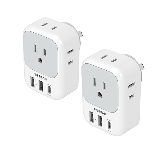 Australia Plug Adapter, TESSAN Australian Power Adaptor with 4 Outlets 3 USB Charging Ports (1 USB C), Type I Travel Plug for US to New Zealand China Argentina Fiji AU, 2 Pack Type I - Austr