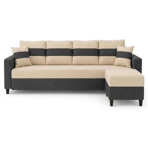 Image of Cavona 5 Seater L Shape Sofa Set with Movable Ottoman | Flexible Layout | Luxury Velvet Suede Fabric | Modern Living Room Sofa | Cream-Dark Grey
