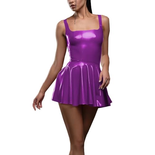 Mini robe trapèze en cuir PVC robe plissée sexy sans manches à taille haute pour soirée