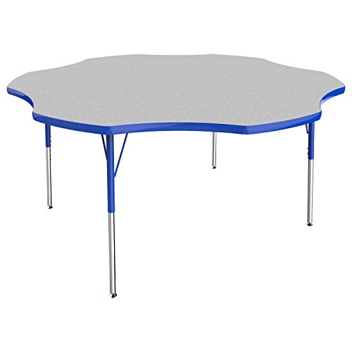 Image of FDP Flower Activity School and Office Table (60 inch), Standard Legs with Swivel Glides for Collaborative Seating Environments, Adjustable Height 19-30 inches - Gray Top and Blue Edge