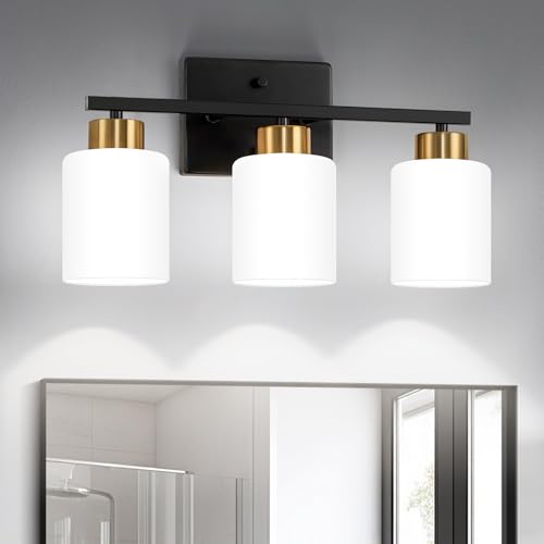 Image of FonmYim Black and Gold Bathroom Light Fixtures, 3-Light Modern Vanity Light Over Mirror, Wall Sconces with Milky White Frosted Glass Shades, E26 Socket (Bulbs Not Included)