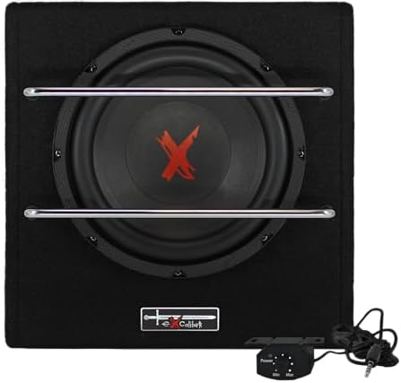Excalibur X801BA, 8 Zoll Aktiver Auto Subwoofer, Integrierter Verstärker, Untersitz-Bassbox mit Class-AB Technologie, Hoch-/Niederpegel Eingänge, Auto Turn-On und Fernbedienung für den Fahrzeugeinsatz