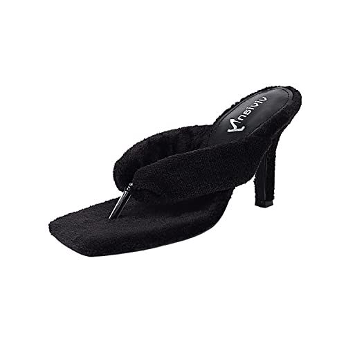 Vivianly Women'S Furry Stiletto Heel Flip Flops Square Toe Thong Heels Fuzzy Heeled Sandals Slides Slippers cover