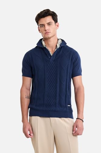 Image of SNITCH Men Polo T-Shirt | Classic Cable Knit Textured Front Panel & Half Sleeve Design | Premium 100% Cotton Knitted T-Shirt Men, Breathable Casual Holiday