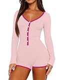 INFITTY Onesie Pajamas for Women Long Sleeve Rompers Pajamas Casual Ribbed One Piece Pjs Fall Tops Fashion Sleepwear Pink M