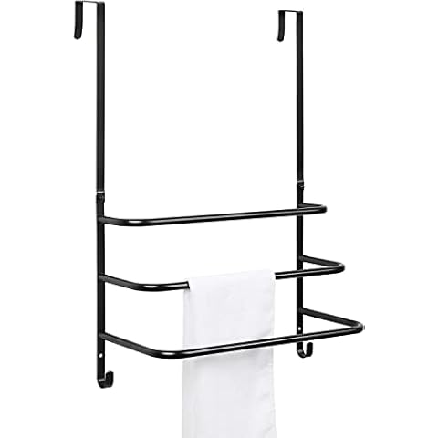 Over The Door Towel Rack for Bathroom Back of Door Towel Bar with Hooks 3 Tier Behind Door Towel Holder for Shower Matte Black 16 Inch Cover
