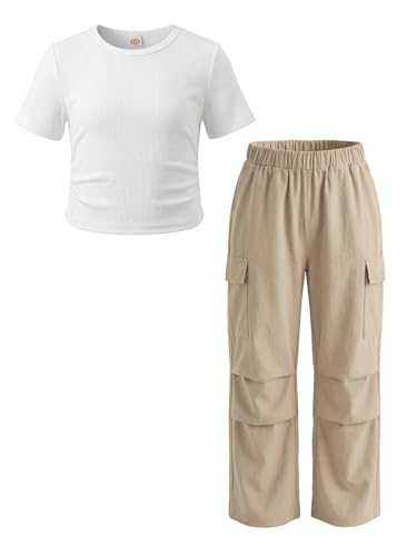 JiAmy Girls Clothing Sets 2PCS Outfits T-Shirt Top & Casual Cargo Pant | Short Sleeve T-Shirt Top, Trendy Cargo Pants with Pockets, for Casual School Travel, 13-14Y