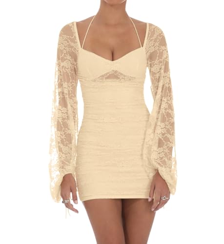 Image of Zebaexf Women's Lace Mini Dress Mesh Dress Long Puff Sleeve Mini Bodycon Party Clubwear for Women