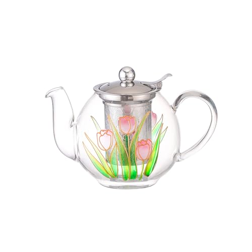 Cottea Tetera pequeña de 2 tazas de cristal con dispositivo de preparación y tapa para té de hojas de té en flor, apto para lavavajillas y cocina, 1000 ml, tulipán
