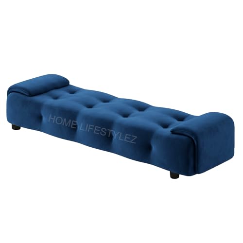 Image of Home Lifestlez Monel 2 Seater Tufted Ottoman Bench | Velvet Upholstered | Seating Bench Window Bench Footrest Stool End of Bed Bench Living Room Furniture | Comfortable & Stylish - Navy Blue