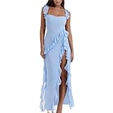 Caractéristiques : robe de soirée midi sexy et élégante, ourlet à volants, bretelles spaghetti, sans manches, serrée. Robe midi spaghetti sexy pour femme ; si amusante et coquette, dans un tissu mi-long super élégant et respirant dans cette longue robe intemporelle.