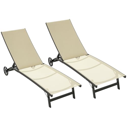 Outsunny Lot de 2 Bains de Soleil transat Chaise Longue inclinable en Aluminium et textilène avec roulettes Dossier Multipositions Charge Max. 150 Kg Kaki
