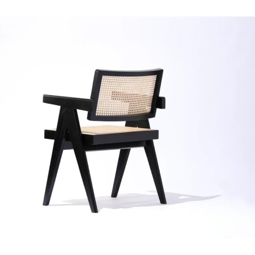 Image of Solid Wood Arm Chair with Cushion and Cane Back Support Chair Living Room Bedroom Home Wooden Armchair Furniture Garden Balcony Outdoor & Indoor (Black Chair with Cane)