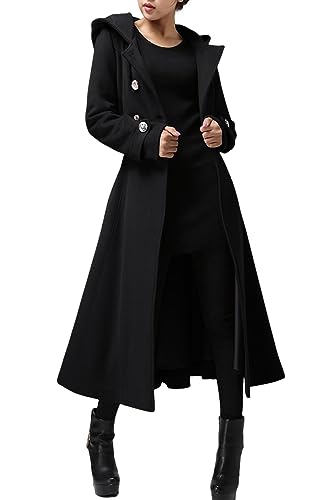 Cicy Bell Langer, zweireihiger Damenmantel mit Kapuze, Winter, warm, Wolle, Trenchcoat mit Gürtel, Schwarz, L
