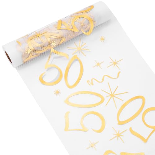 Osdue Camino De Mesa Dorado, 10m X 28cm Decoración De Mesa Para 50 Años, Camino De Mesa Dorado De Tul Para Cumpleaños Para Decoración, Boda, Fiesta, Vacaciones, Aniversario