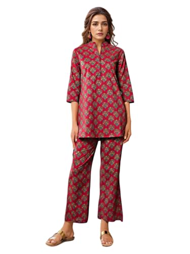 Image of NAINVISH Women's Floral Rayon Blend Co-ord Set | Straight Mandarin Collar Full Sleeve Top & Pant | Elegant Maroon, Blue Style | Ideal for Casual, Lunch, Evening Outings | Ladies Matching Outfit